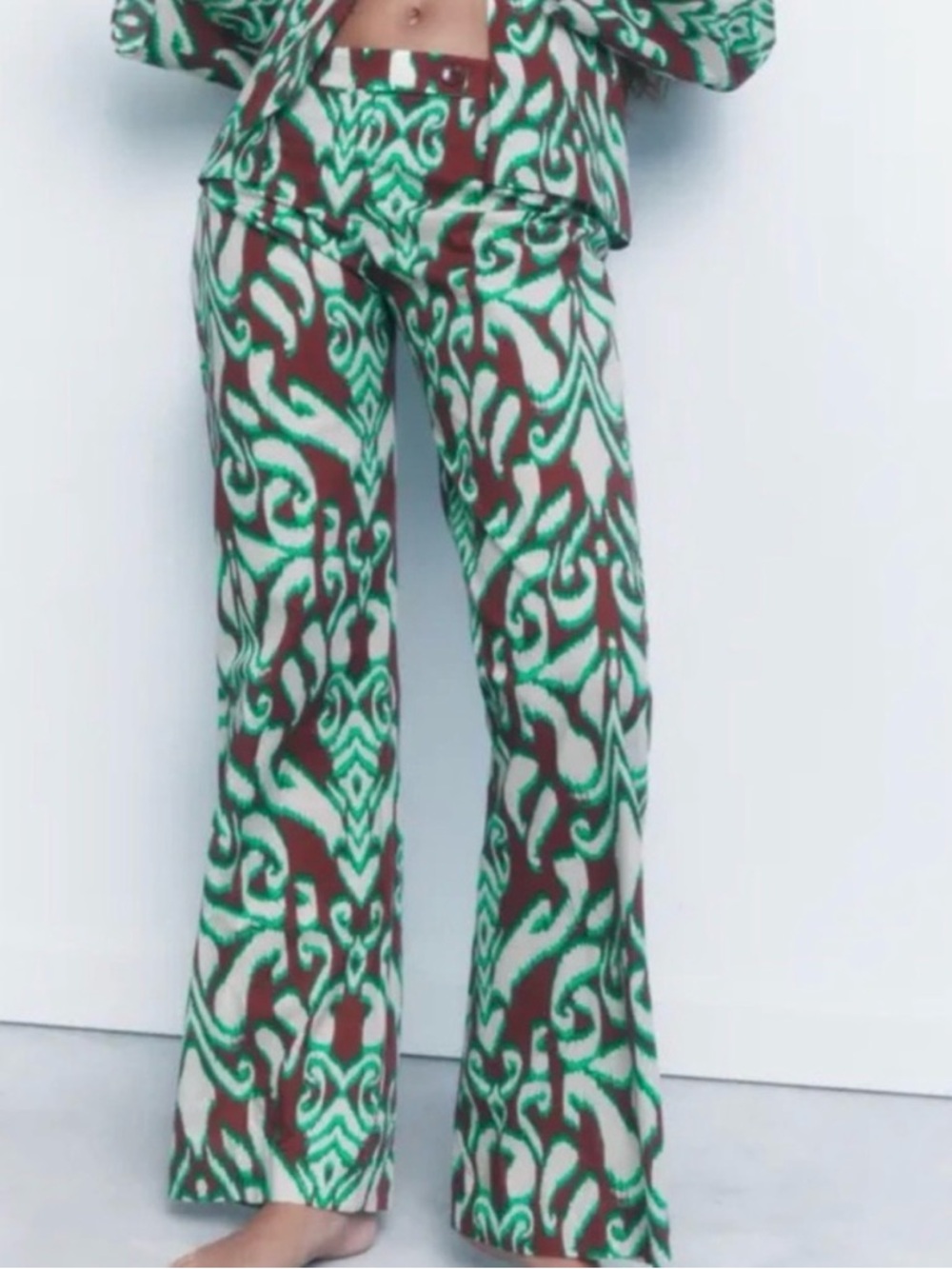 Zara Green and Brown Patterned Boot-Cut Pants